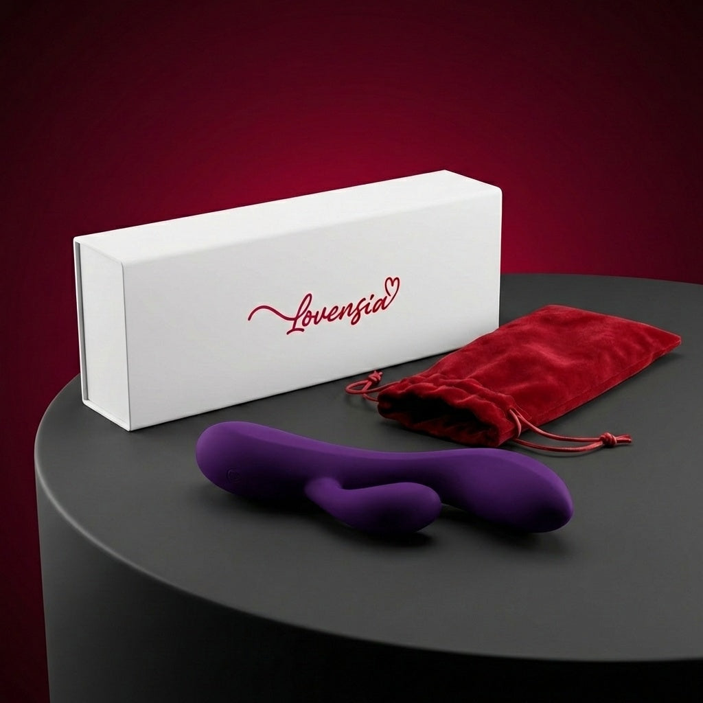 Vibromasseur Rabbit Lovensia en silicone liquide ultra-doux, 10 modes de vibration pour une double stimulation simultanée.