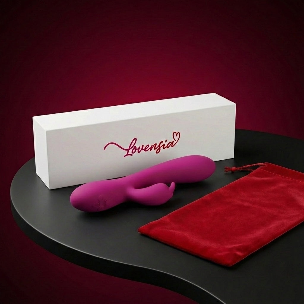 Vibromasseur Rabbit triple stimulation Lovensia avec fonction chauffante, 16 modes de vibration et recharge USB.
